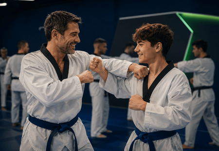 Two  HWCTA martial artists in white gis with blue belts smile and fist-bump in a dojo