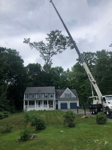 Crane removing a tree next to a two-story house with blue garage doors, on a cloudy day.