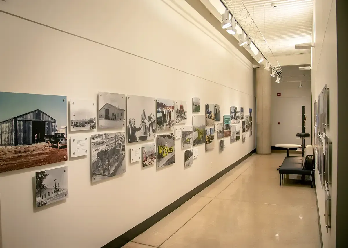 The 'history hall' at the Force Construction offices, showcasing more than 75 years worth of projects. A photo of the history hallway at the Force Construction offices
