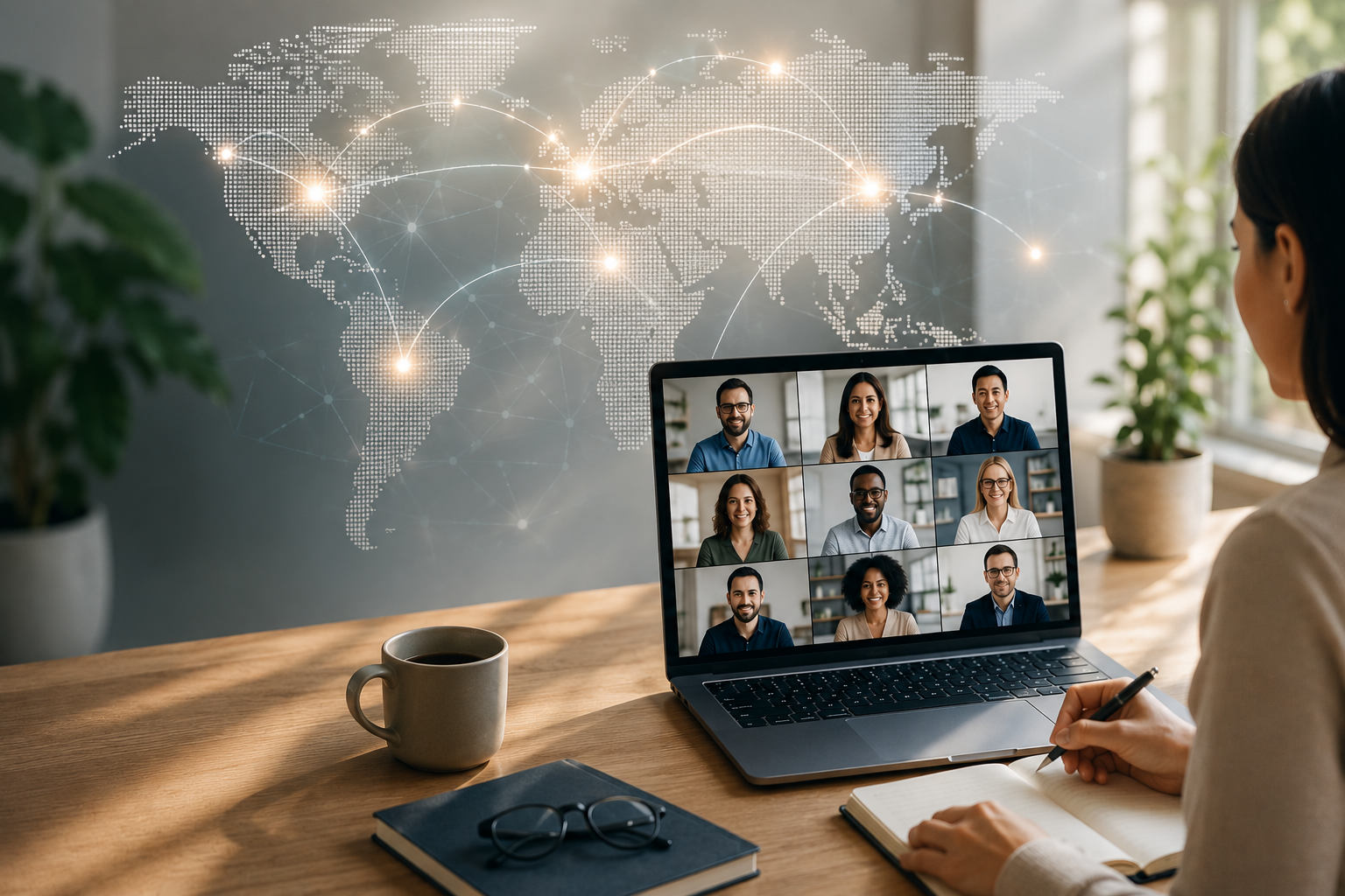 Person attending a video conference on a laptop in a cozy home office with a world map display.