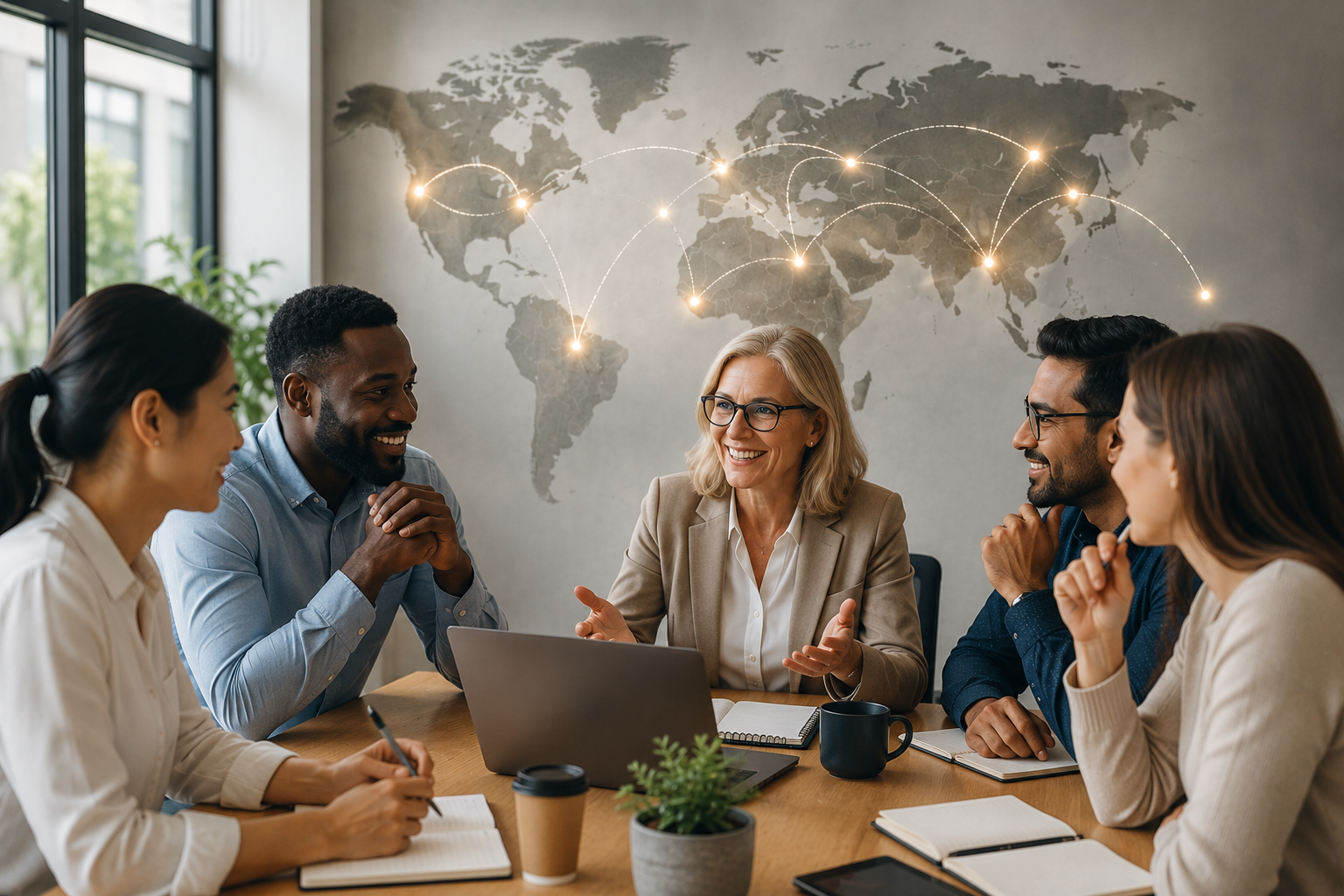 Team meeting around a laptop in a modern office, with a lit world map on the wall