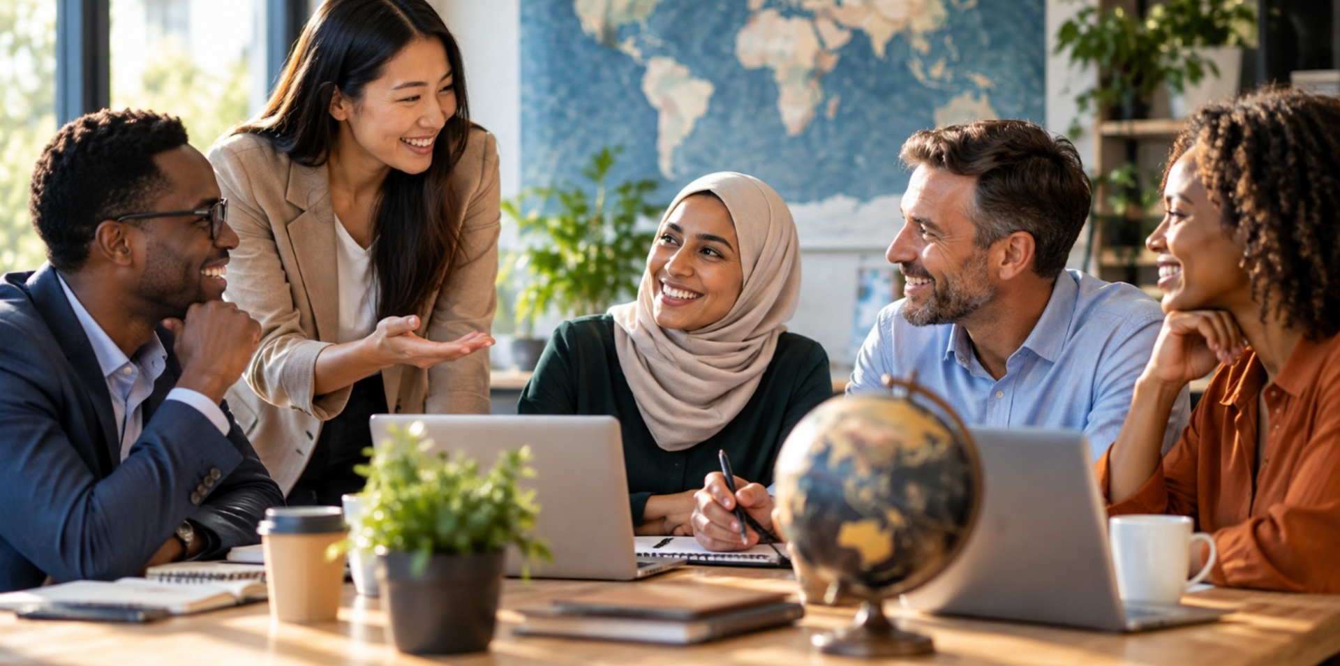 Colleagues in a bright office meeting, talking around a table with laptops and a globe
