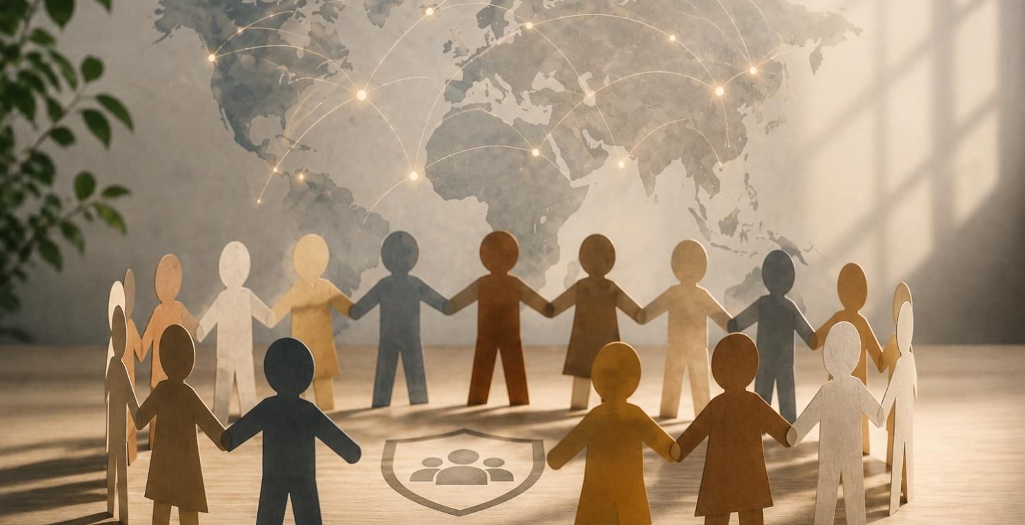 People holding hands in a circle around a globe icon, with a world map and soft light in the background