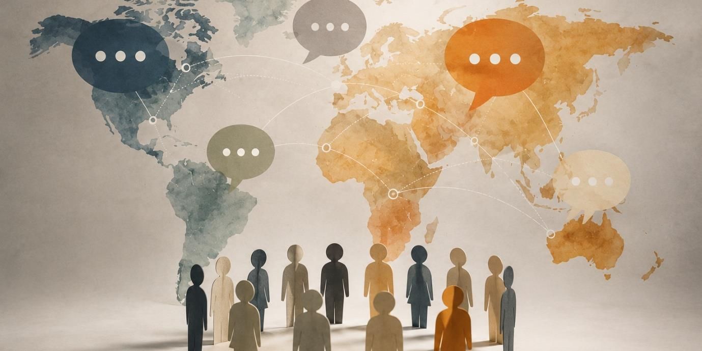 Silhouetted people stand before a world map with colored speech bubbles, suggesting global communication