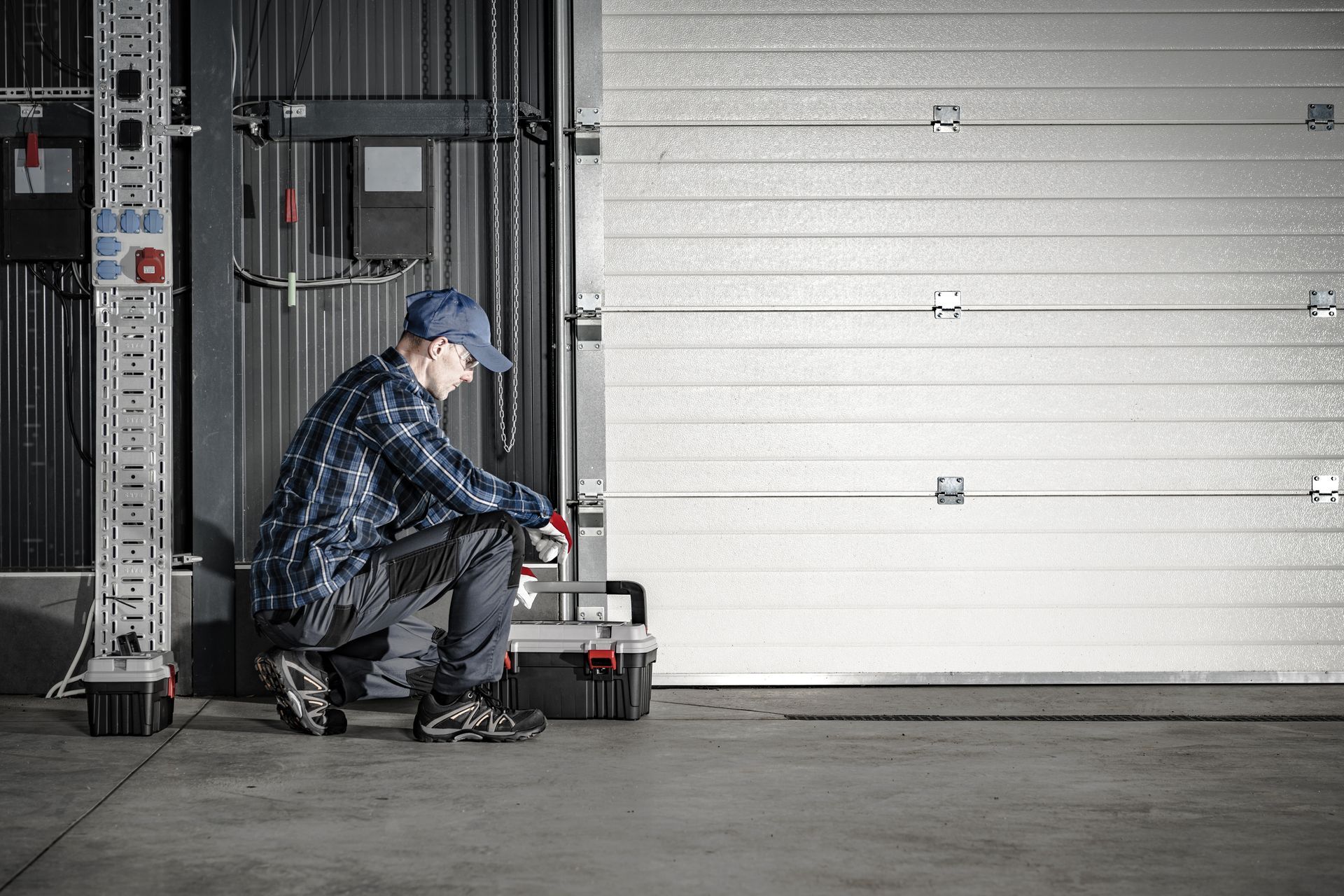 A person in blue hat and shirt crouches by a closed industrial garage door, appearing to examine or repair it.
