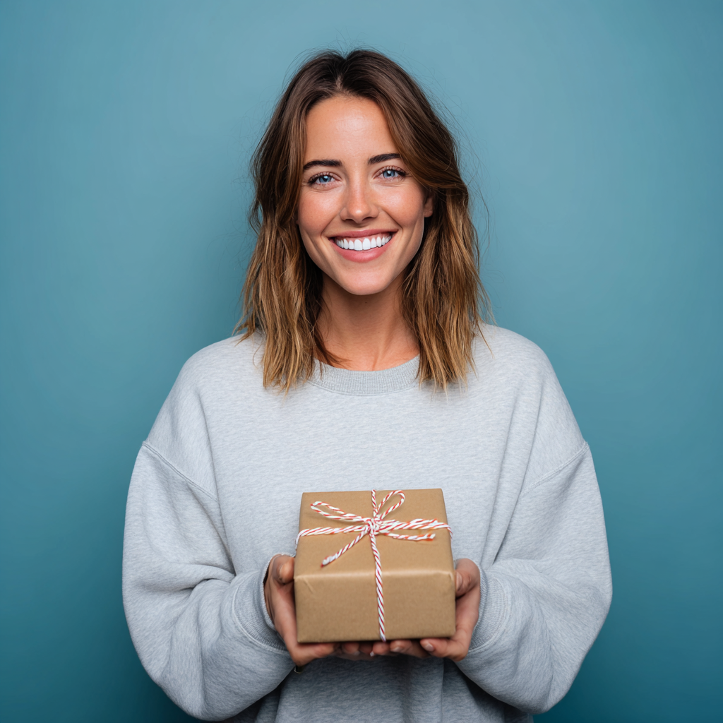 Woman holding a wrapped gift, smiling. She wears a grey sweatshirt against a blue background.