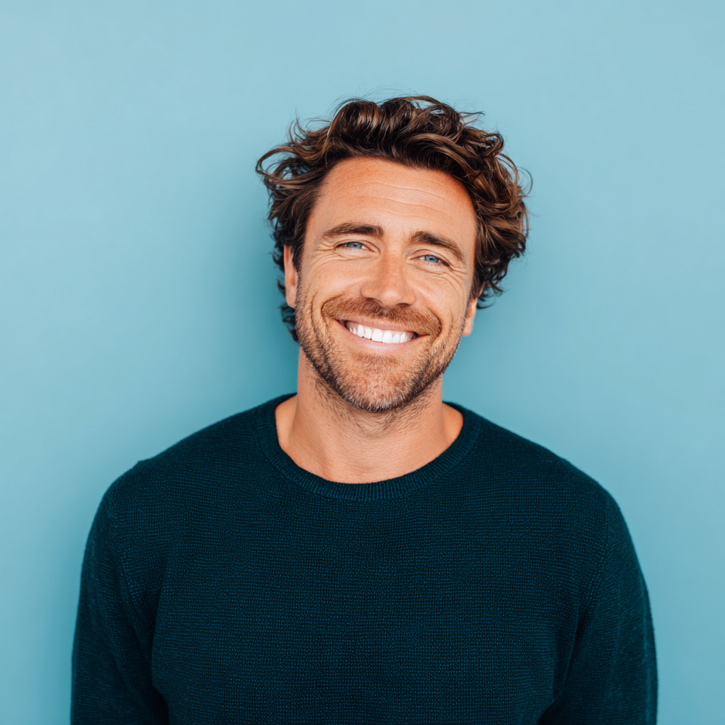 Man with curly brown hair, smiling, against a light blue backdrop. He wears a dark green sweater.