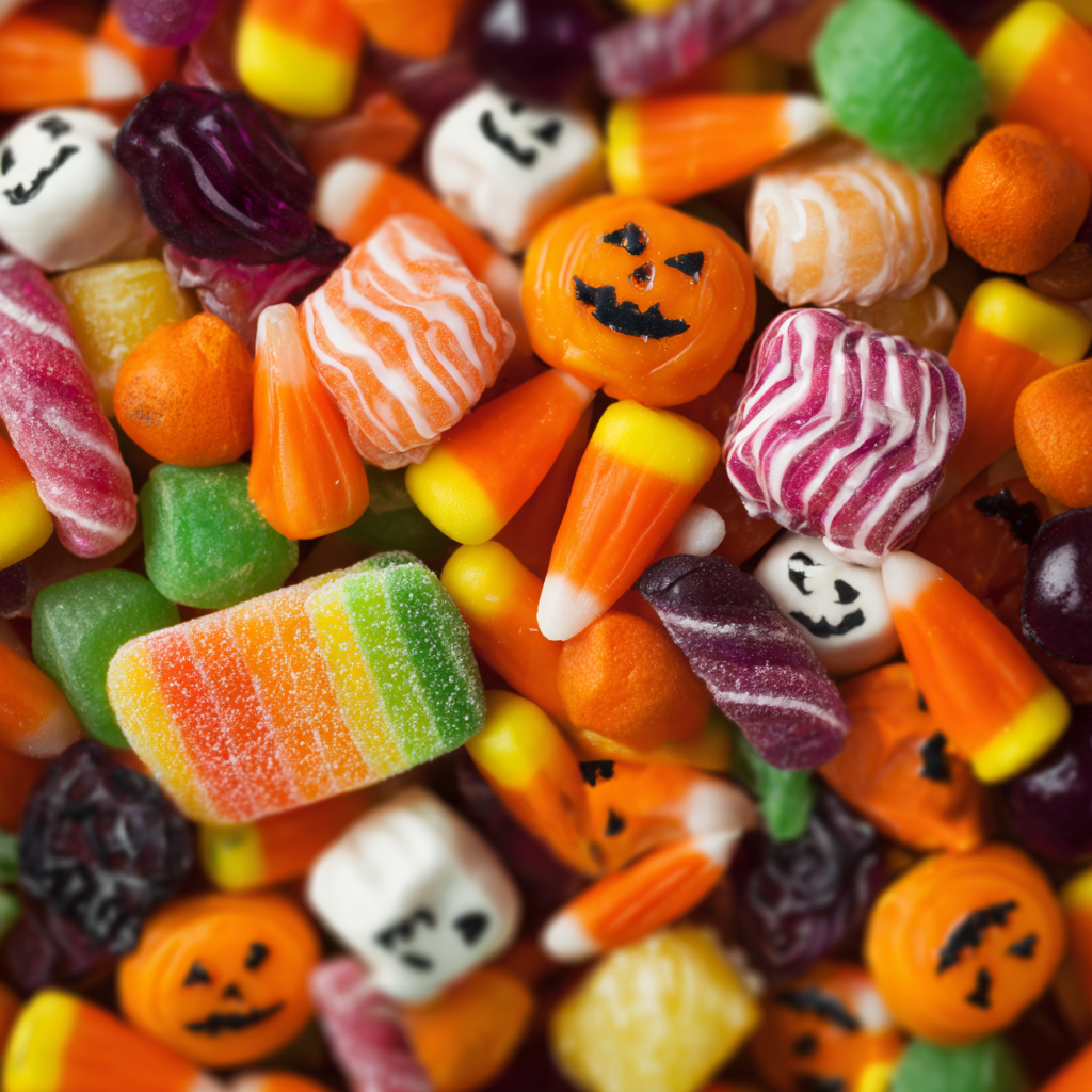 Pile of colorful Halloween candy, including candy corn, pumpkin-shaped candies, and fruit chews.