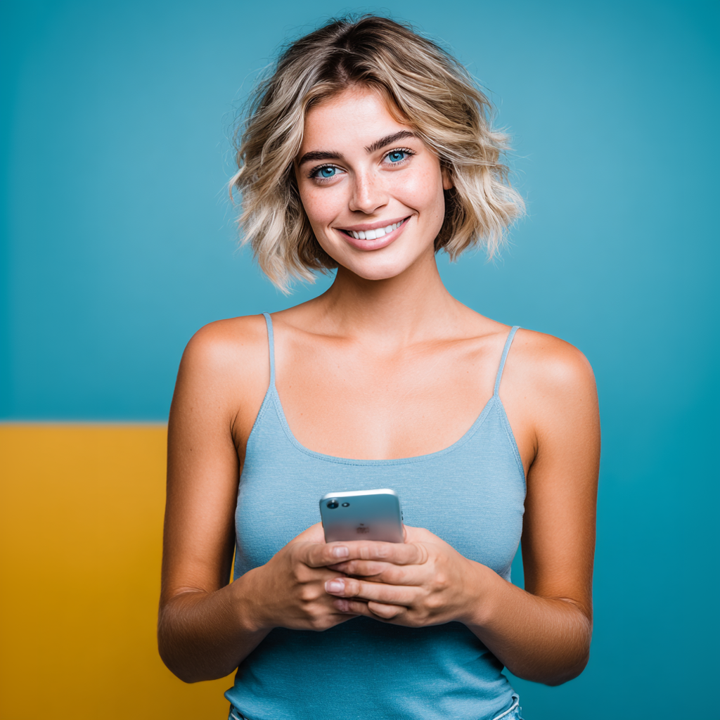 Blonde woman smiling, holding phone, blue tank top, blue/yellow background.