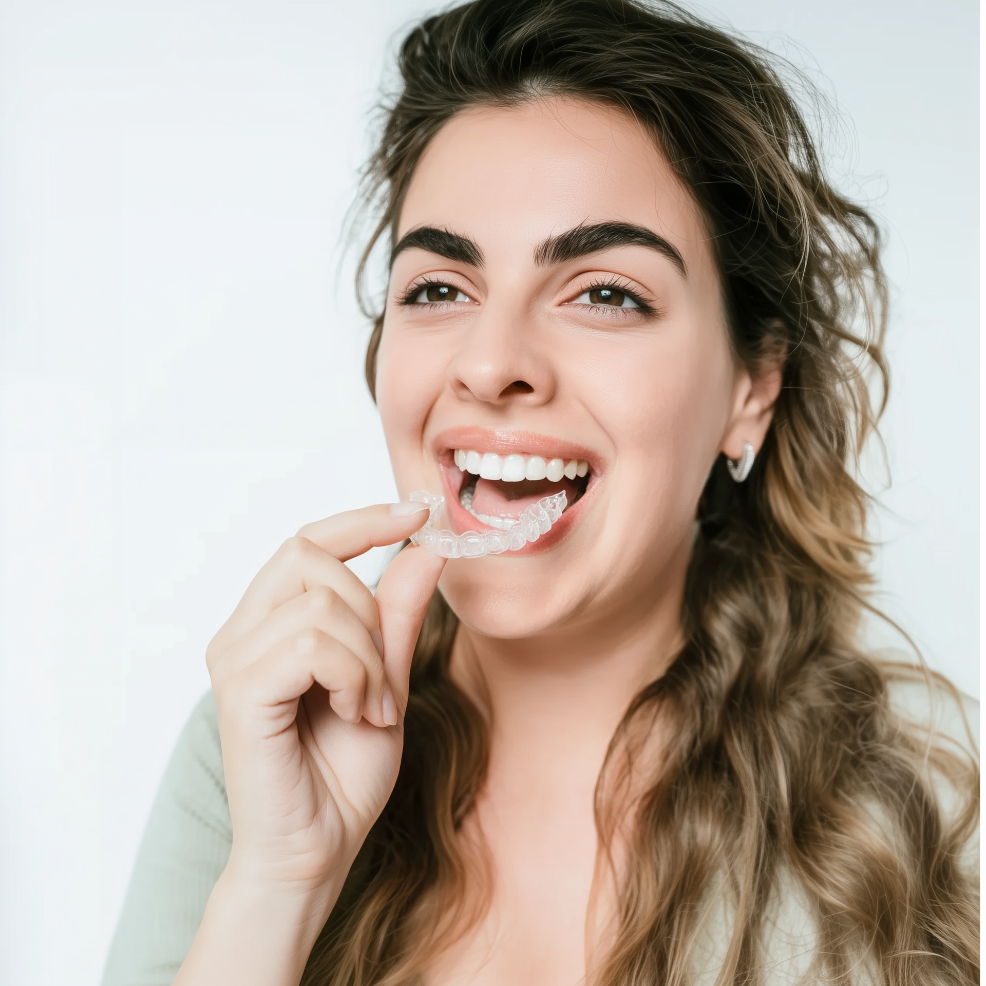 Woman smiling, inserting clear aligner into mouth against a white background.
