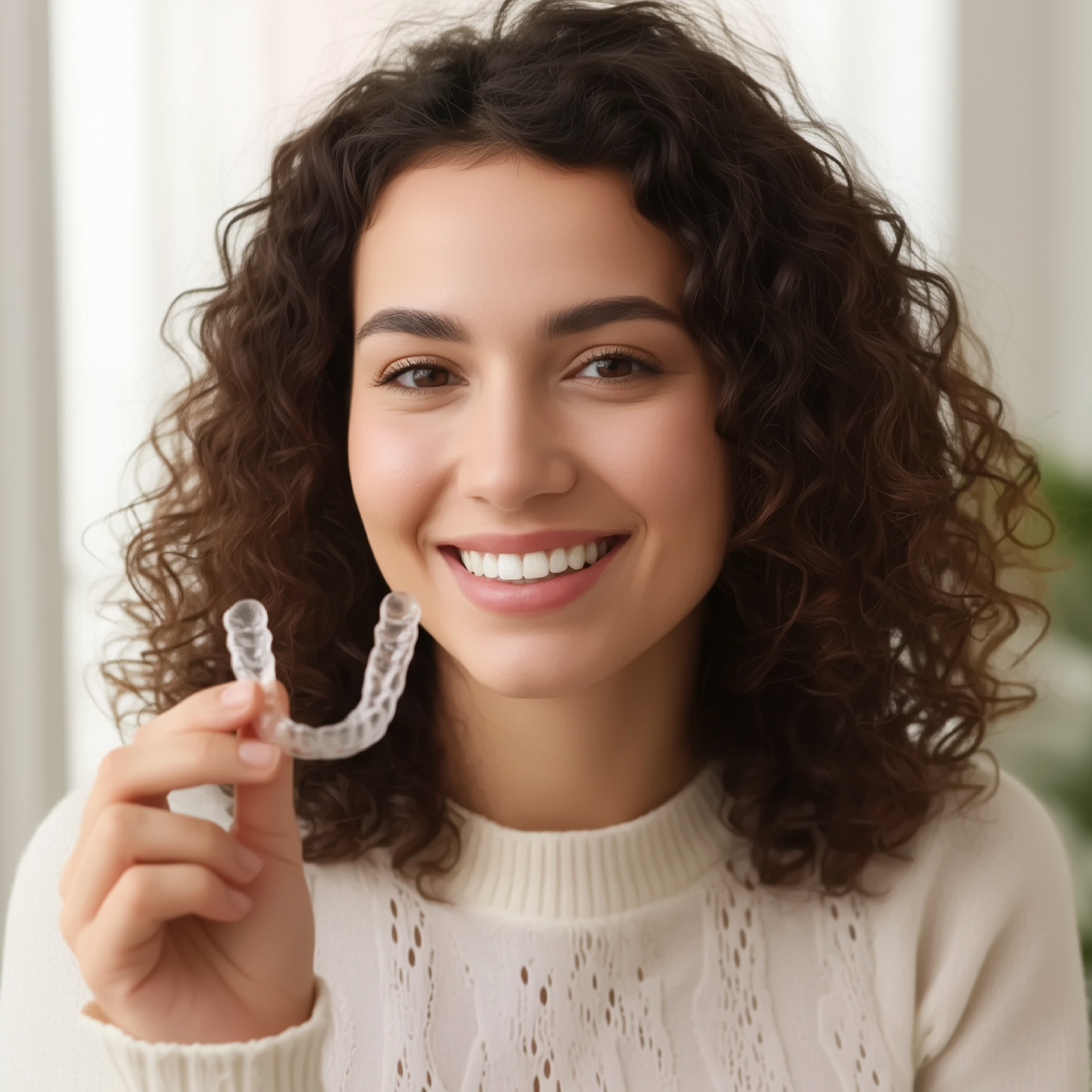Smiling woman holding a clear dental aligner in a bright room