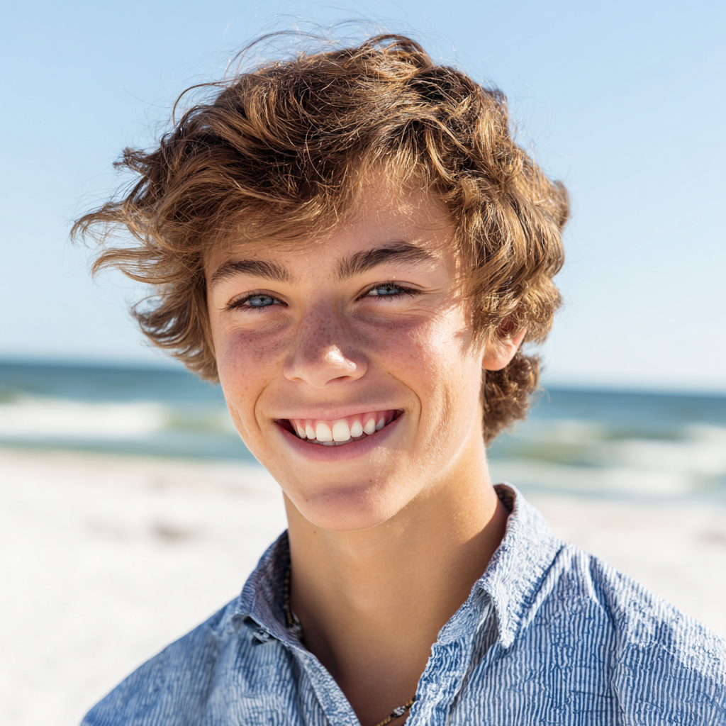 A person with wavy brown hair smiles at the camera on a bright, sunny beach with the ocean in the background.