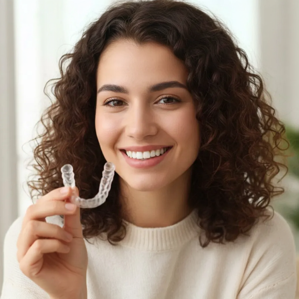 Smiling person holding a clear dental aligner in a bright room