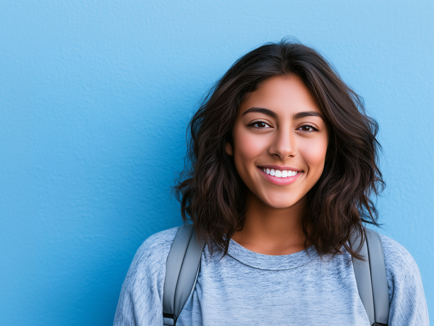 Smiling person in a gray sweatshirt with a backpack against a blue wall