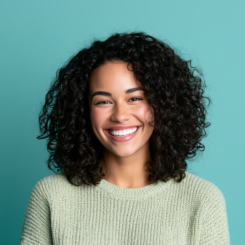 Smiling person with curly hair in a light green sweater against a teal background