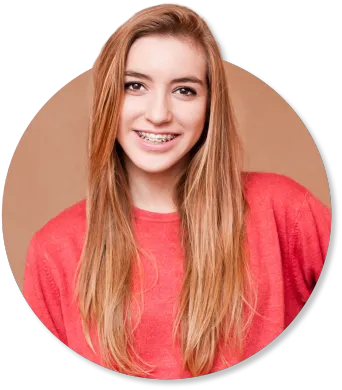 A woman with braces on her teeth is wearing a red sweater