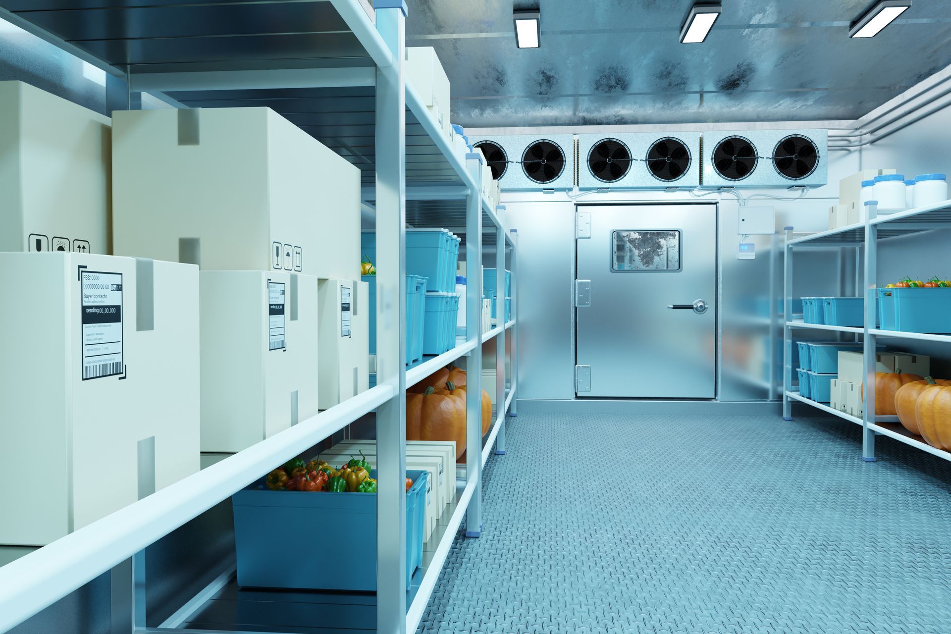 Organised industrial cold storage room with labelled boxes and fresh produce in plastic containers. Organised industrial cold storage room with labelled boxes and fresh produce in plastic containers.