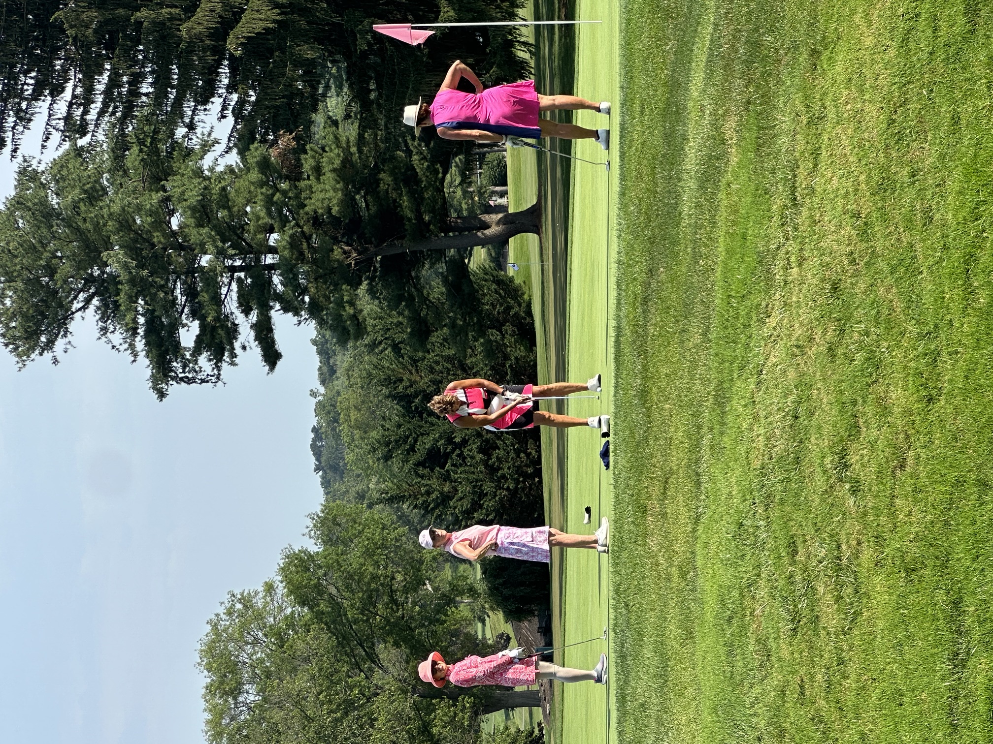 Four golfers in pink outfits standing on a green golf course with trees in the background