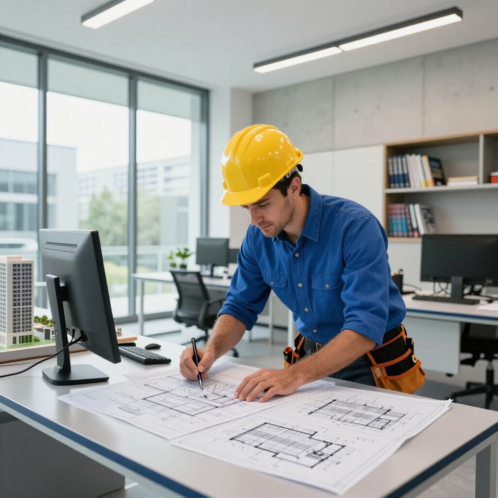Operaio edile con un casco giallo, che lavora su progetti alla scrivania di un ufficio.