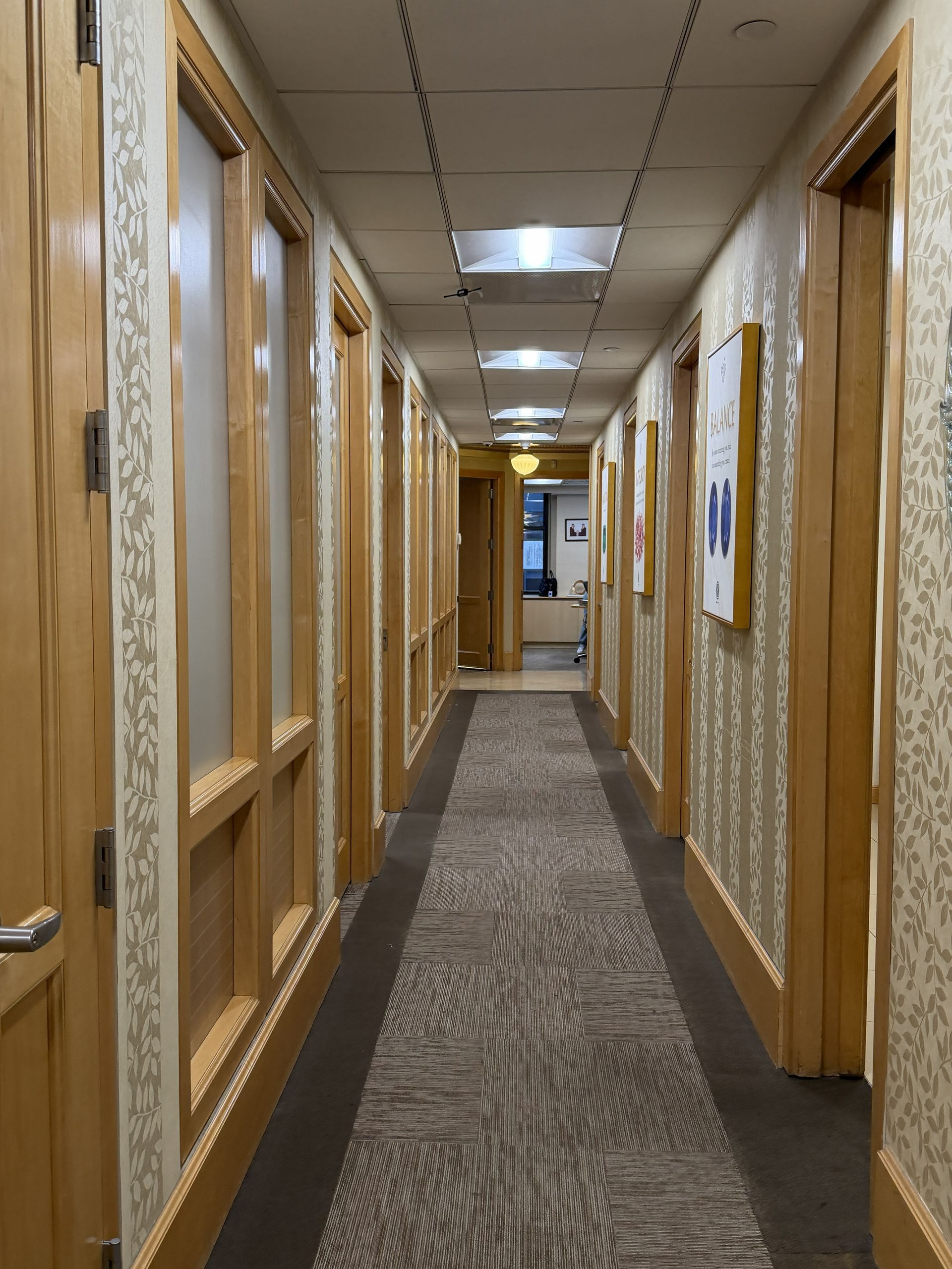 Narrow office hallway with wood-paneled doors, patterned carpet, and ceiling lights.