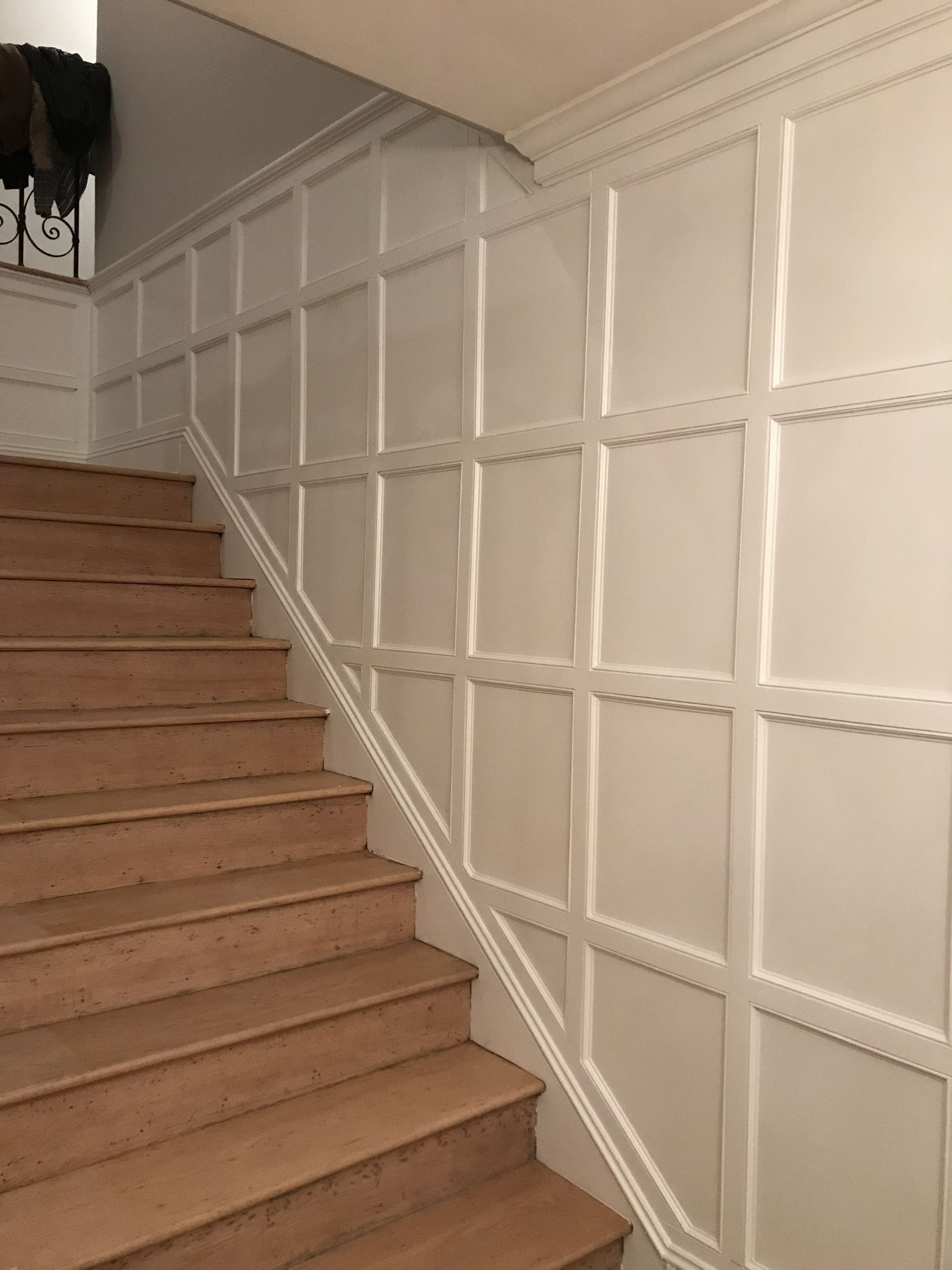 Staircase with beige carpet and white paneled wall trim in a hallway
