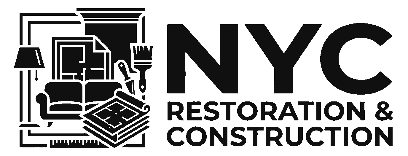 NYC Restoration & Construction logo with sofa, lamp, stairs, and stacked materials in black and white