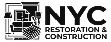 NYC Restoration & Construction logo with sofa, lamp, stairs, and stacked materials in black and white