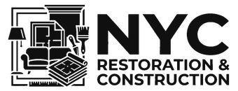 NYC Restoration & Construction logo with sofa, lamp, stairs, and stacked materials in black and white