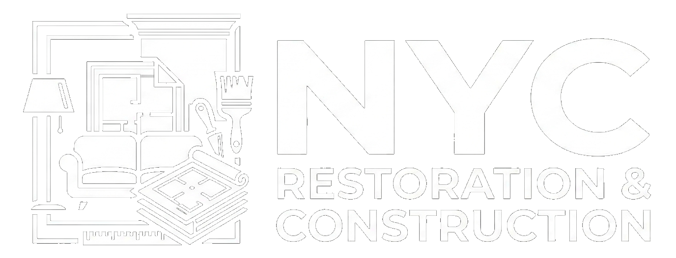 White NYC Restoration & Construction logo with stylized Manhattan skyline and building outline.