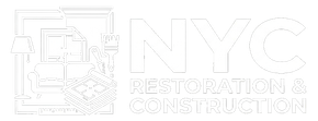 White NYC Restoration & Construction logo with stylized Manhattan skyline and building outline.
