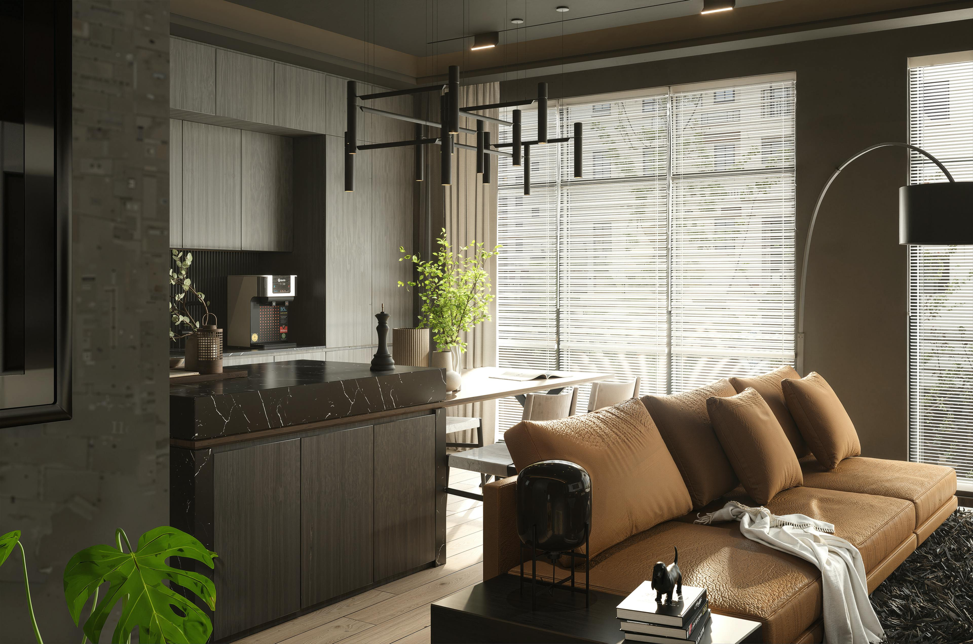 Modern living room with tan sofa, dark cabinetry, and large window blinds in soft daylight