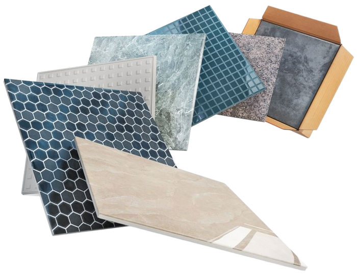 Assorted decorative tile samples in blue, gray, and beige, fanned out on a white background