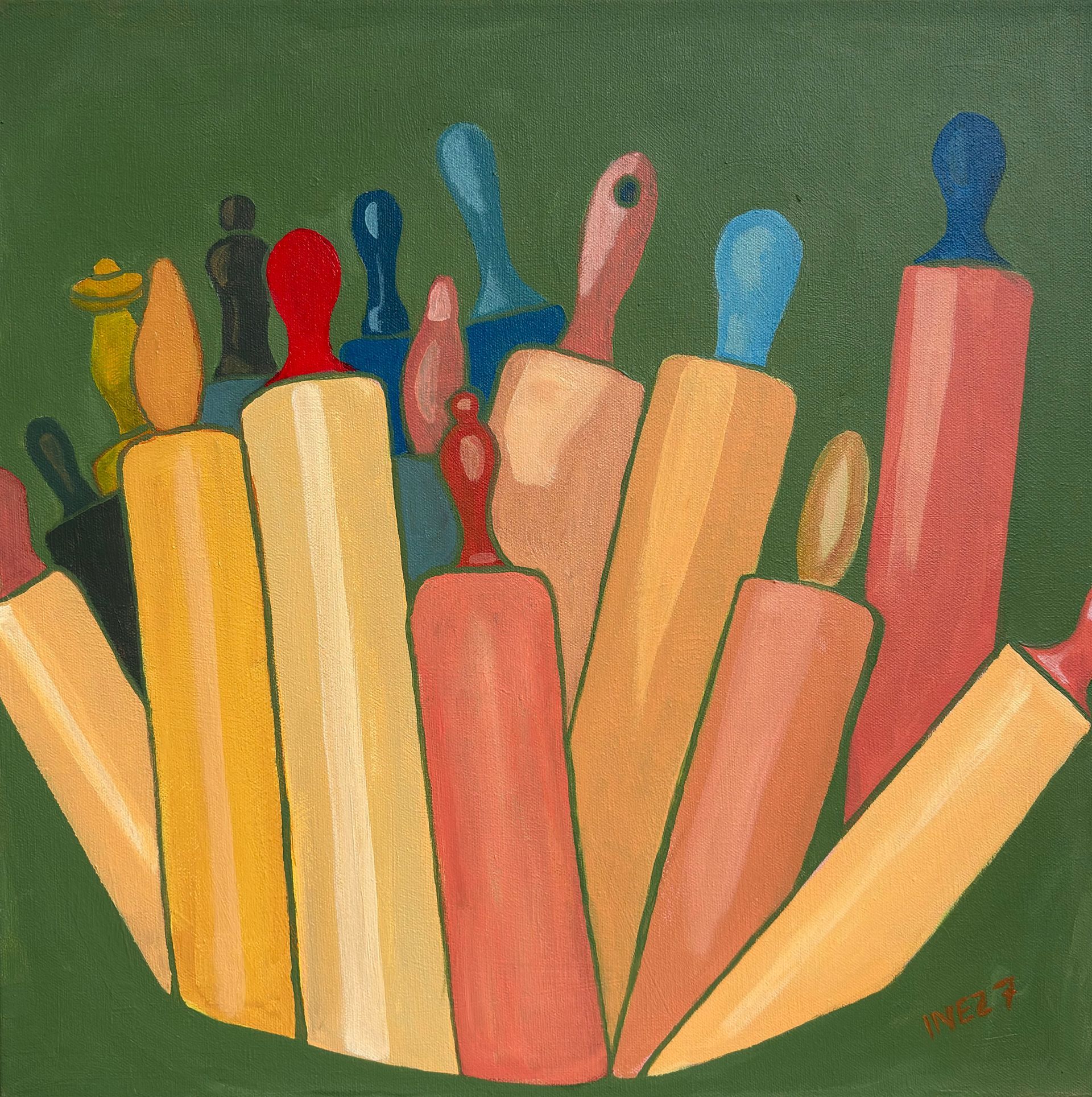 kitchen, rolling pins, inez sieben, decoration, green, acrylic, painting