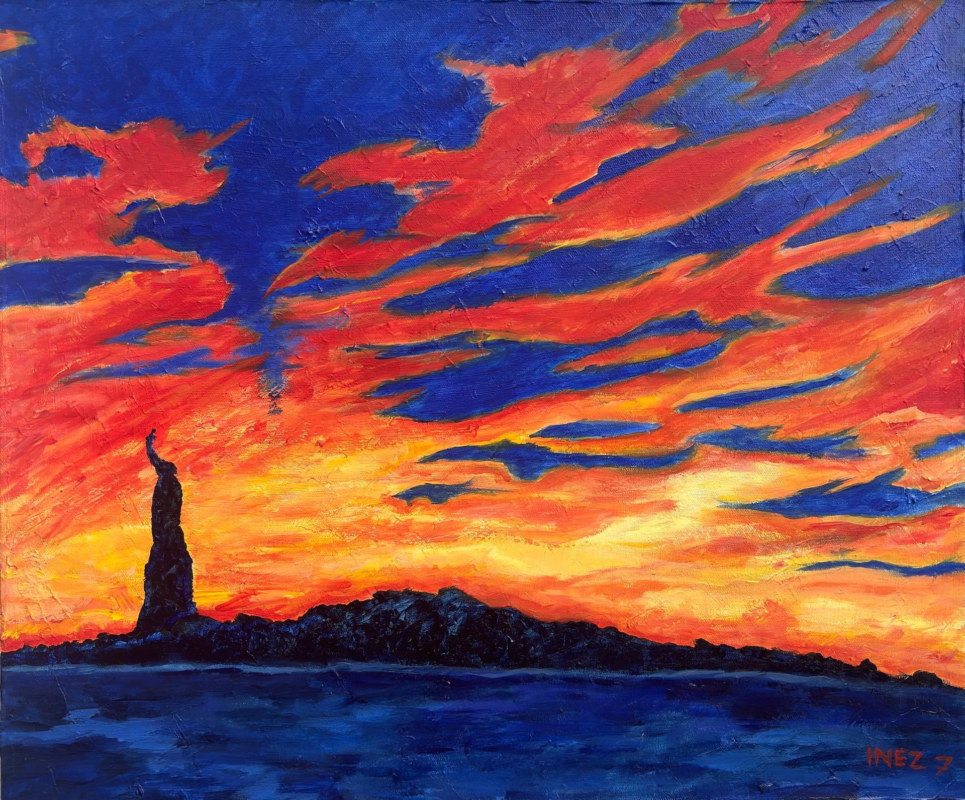 acrylic, sky, sundown, vibrant, painting, statue of liberty