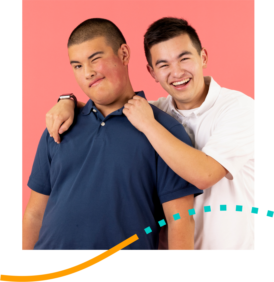 Two brothers are posing for a picture and one has his arm around the other 's shoulder