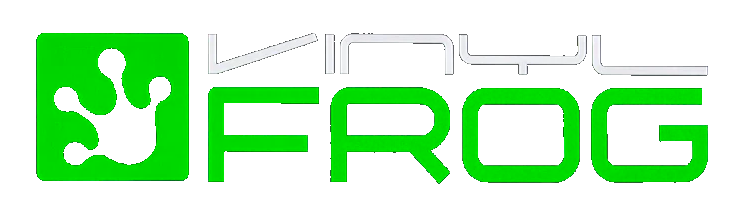 A green and white logo for a company called vinyl frog