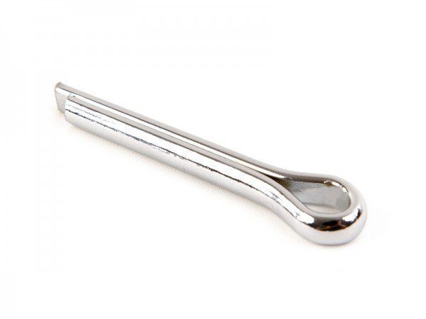 Contrapino de metal prateado com cabeça em forma de laço e duas pontas, mostrado sobre um fundo branco.