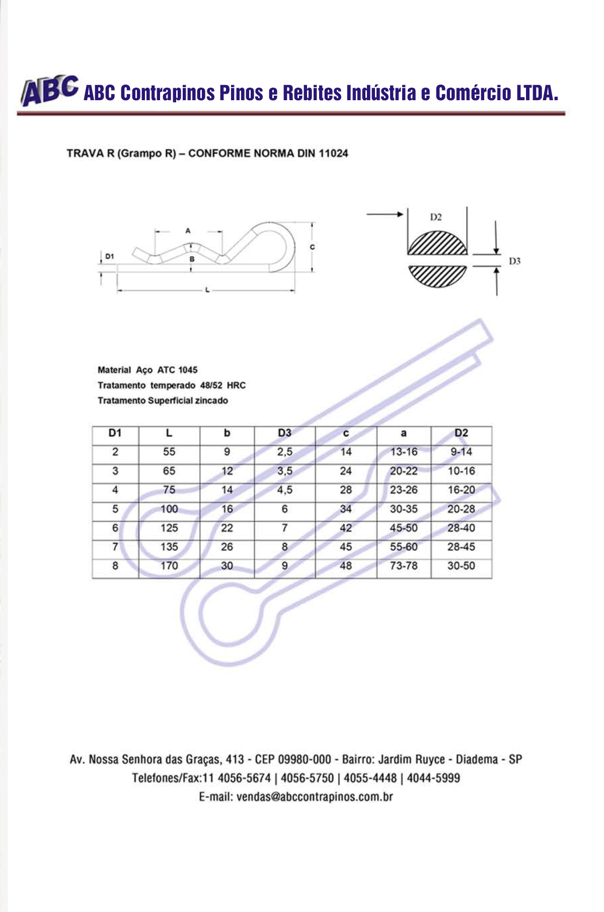 Desenho técnico e tabela de especificações para grampos tipo R da ABC Contrapinos, mostrando dimensões e perfis dos pinos.
