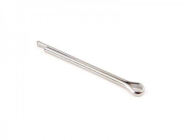 Contrapino de retenção de metal prateado sobre um fundo branco.