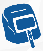 A blue and white icon of a welding helmet on a white background.