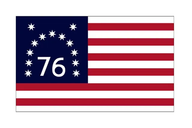 Betsy Ross-style U.S. flag with 13 stars around “76” on blue canton and red-and-white stripes