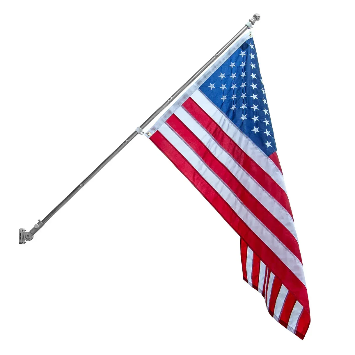 American flag waving on a silver pole, red, white, and blue stripes visible