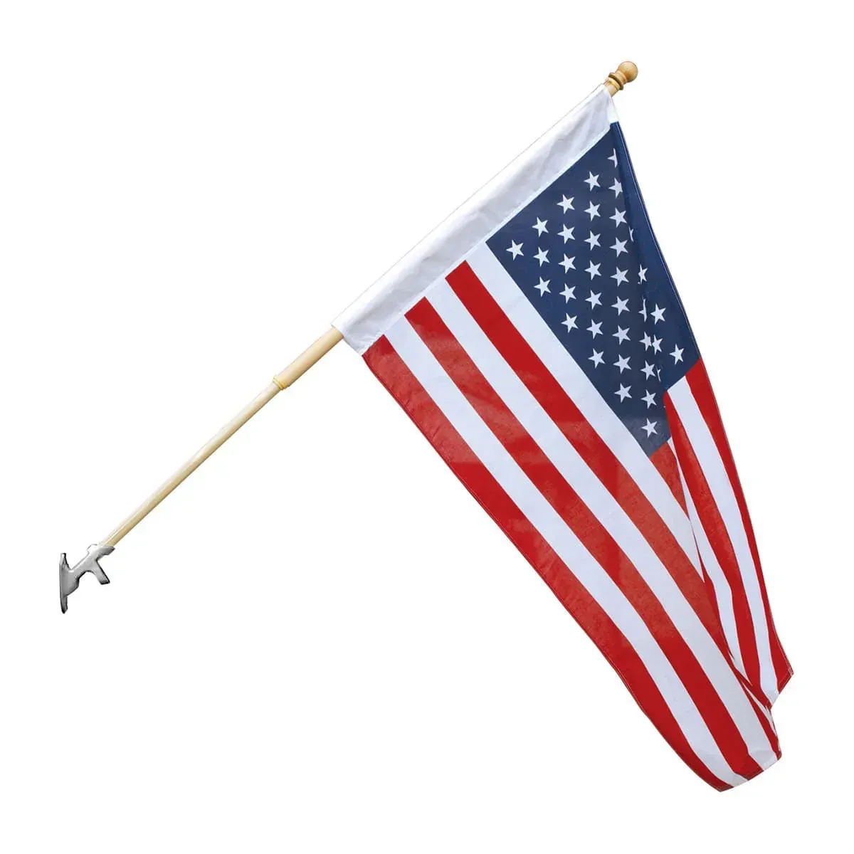 American flag on a white background, mounted on a pole and angled upward