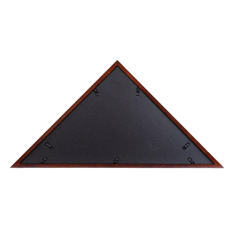 Folded U.S. flag in a dark wood triangular display case with a military emblem and stars