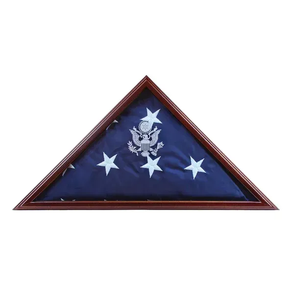 Blue triangular flag display with white stars in a wooden frame