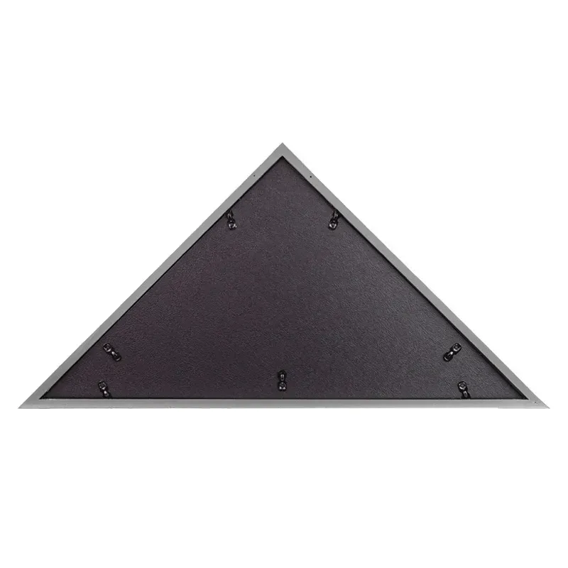 Folded American flag display in a triangular case with a blue field and white stars