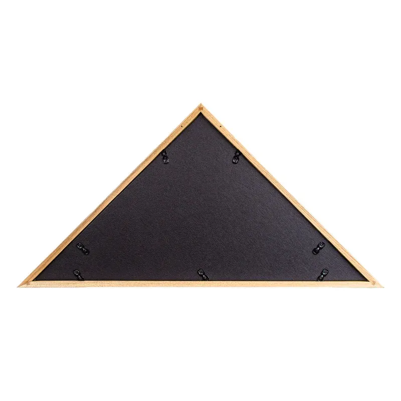 Folded American flag with white stars in a wooden triangular display case.