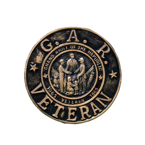 Circular bronze-and-black Vietnam Veteran pin with an emblem and stars around the edge