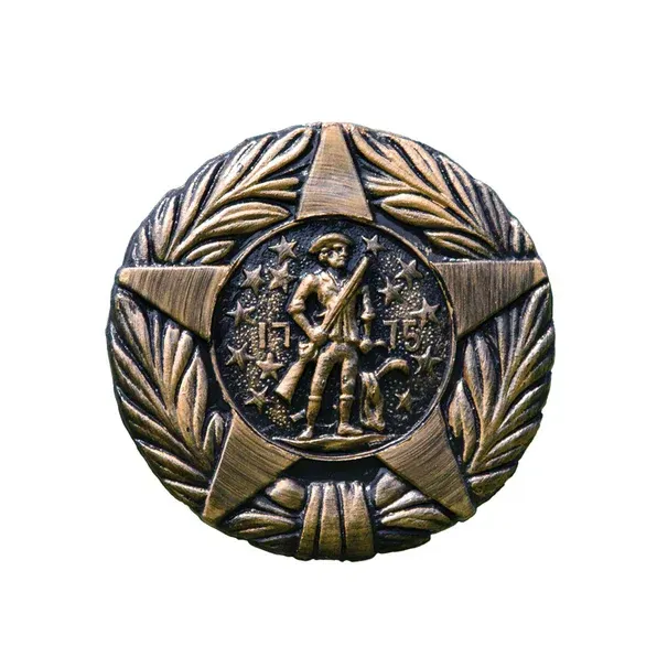 Bronze circular medal with a central figure and laurel wreath border