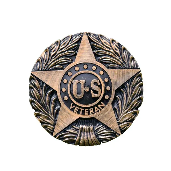 Circular bronze U.S. veteran medal with star and laurel leaves on a white background